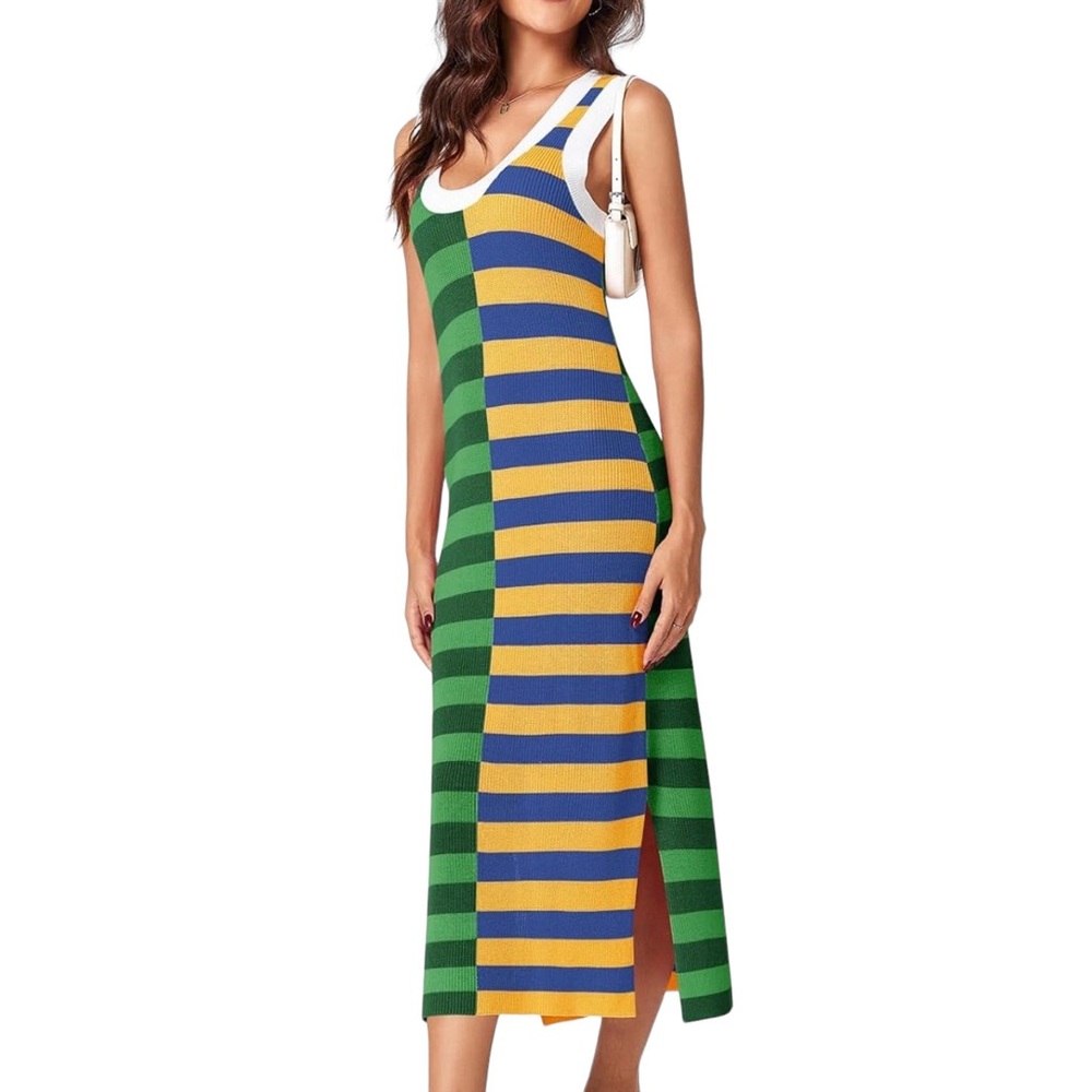 Wenrine Summer Striped Sleeveless Knitted Contrast Color Side Slit Maxi Dress M